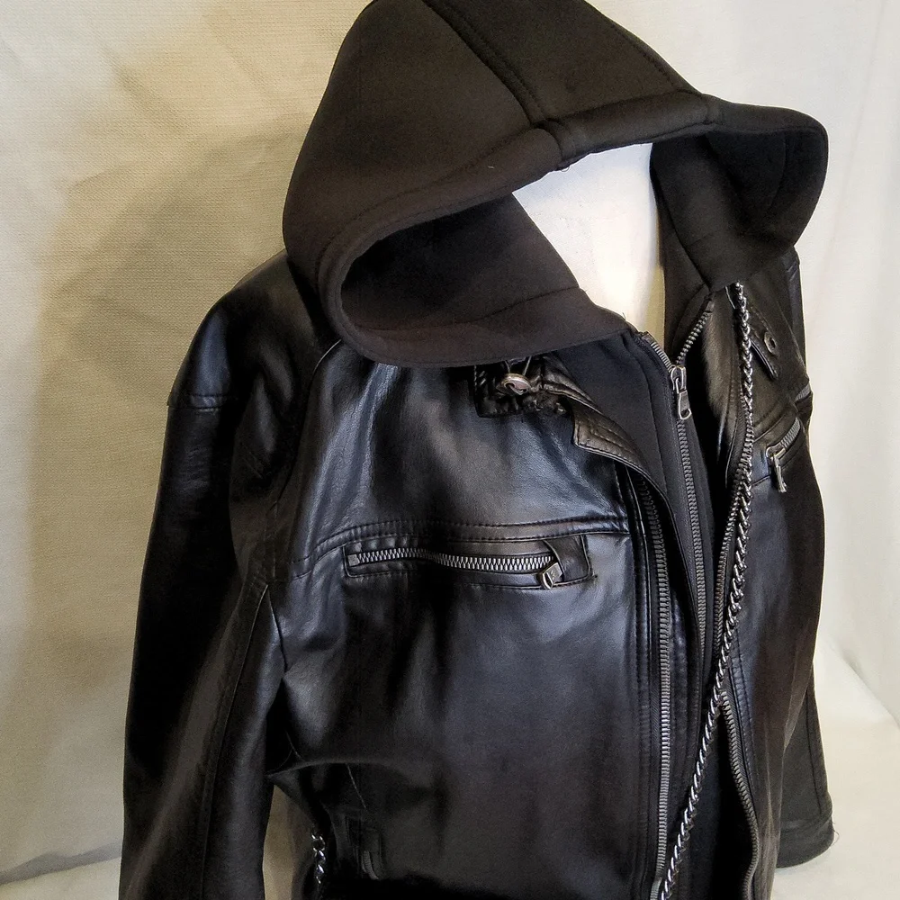 Unisex Michael Kors black soft faux leather 2fer bomber hoodie jacket L - Picture 2 of 5